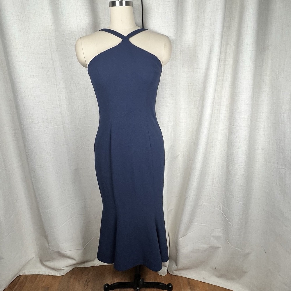 Dress the Population Tessa Halter Crepe Mermaid Midi Dress Navy Blue Large EUC